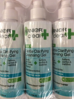 3 X Garnier Clean+ Clarifying Cleansing Gel Sensitive Skin, 8 Fluid Ounces NEW.