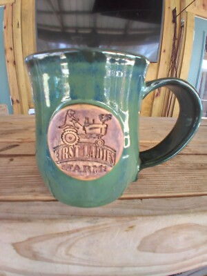 Handmade Pottery Coffee Mug 14 oz Green w/Blue First Ladies Farm & Sanctuary 