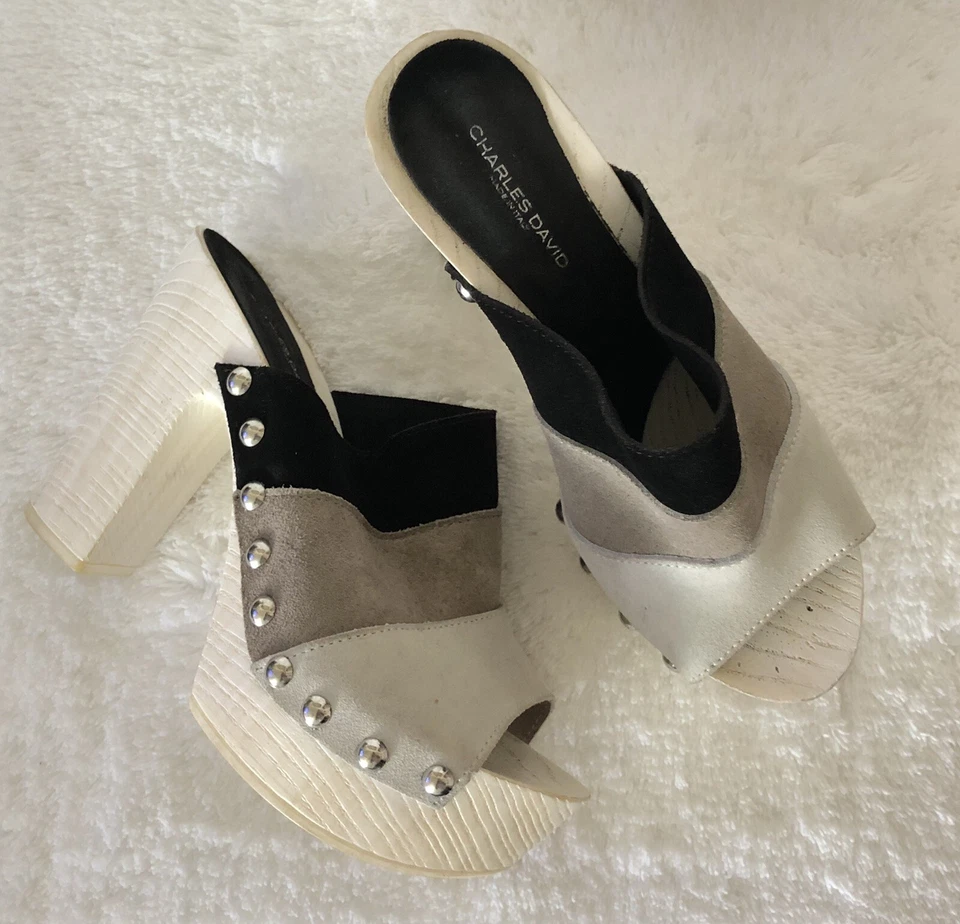 Charles David 麂皮绒黑色灰色镶嵌波西米亚节日高跟鞋 38 码 7.5 意大利 — 第 4/4 张图片