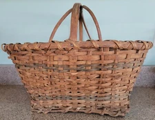 Antique Primitive American Ash Splint Large Gathering Basket Blue stripes