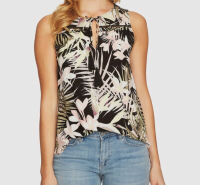 $110 CeCe Women's Black Soft Palms Tie-Front Sleeveless Blouse Top Size Small