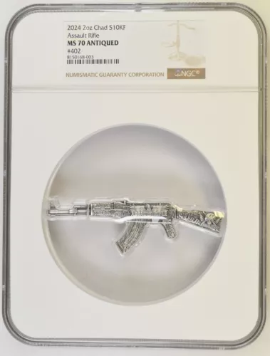 2 Oz Silver Coin 2024 Chad Assault Rifle NGC MS 70 Antiqued High Relief #402