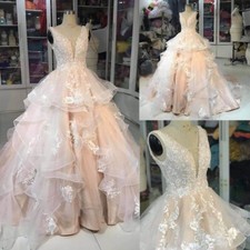 Lace Pink V Neck Wedding Dresses A Line Tulle Sleeveless Appliques Bridal Gowns