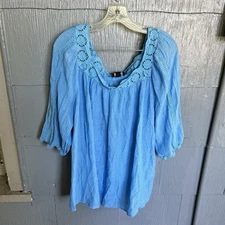 IN Studio Women Top Plus Size 3X Blue Lightweight Boho Coastal Floral Crochet