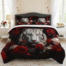 Queen Size Comforter Set with 2 Pillowcases, White Tiger Wild Animal 3 Pcs Beddi