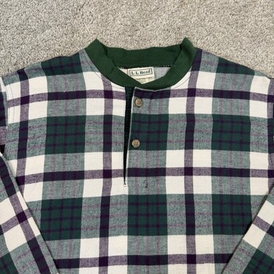 LL Bean Henley Shirt Green Kids L Adult S Scotch Plaid Cotton USA Lumberjack VTG