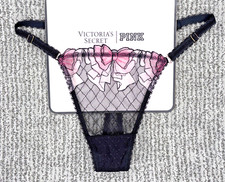 Victoria's Secret Tease NWT Medium Black Bow Embroider Adjustable Thong Panty