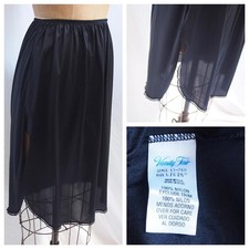 Vintage VANITY FAIR Black Half Slip LACE Trim Tulip Slit Nylon USA L Pinup EUC