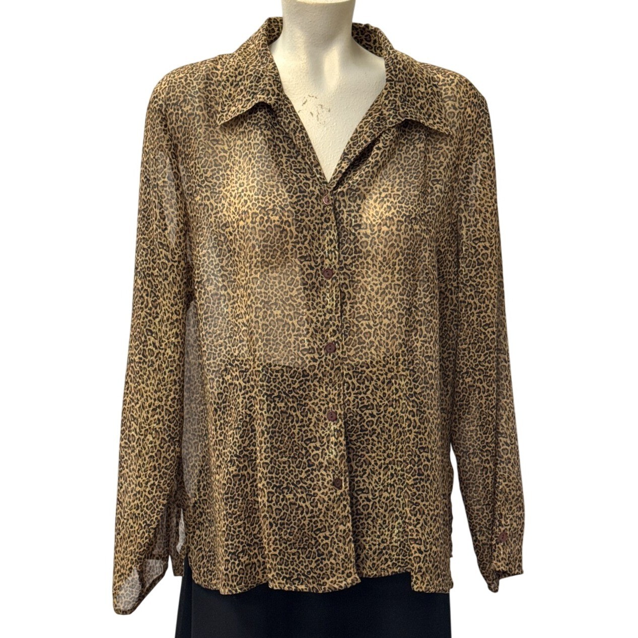 Notations Leopard Print Sheer Button Up Shirt Blo… - image 1