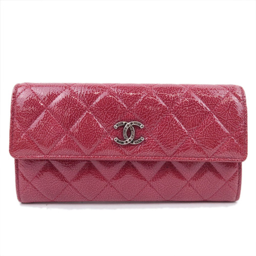 CHANEL Coco Mark Matelasse Patent Long Wallet Red Silver HDW Authentic