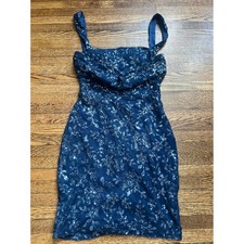 Windsor Navy Blue Sequin Floral Cowl Neck Open Back Bodycon Mini Dress Medium