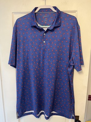 johnnie-O Polo Shirt Mens XL Blue Surfer Logo Print Performance UPF 50 Stretch