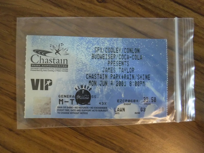 2001 James Taylor original concert ticket stub Chastain Park VIP PASS