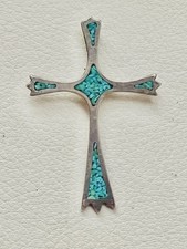VTG  Southwest Crushed Turquoise Sterling Silver  Big Cross Pendant 2”