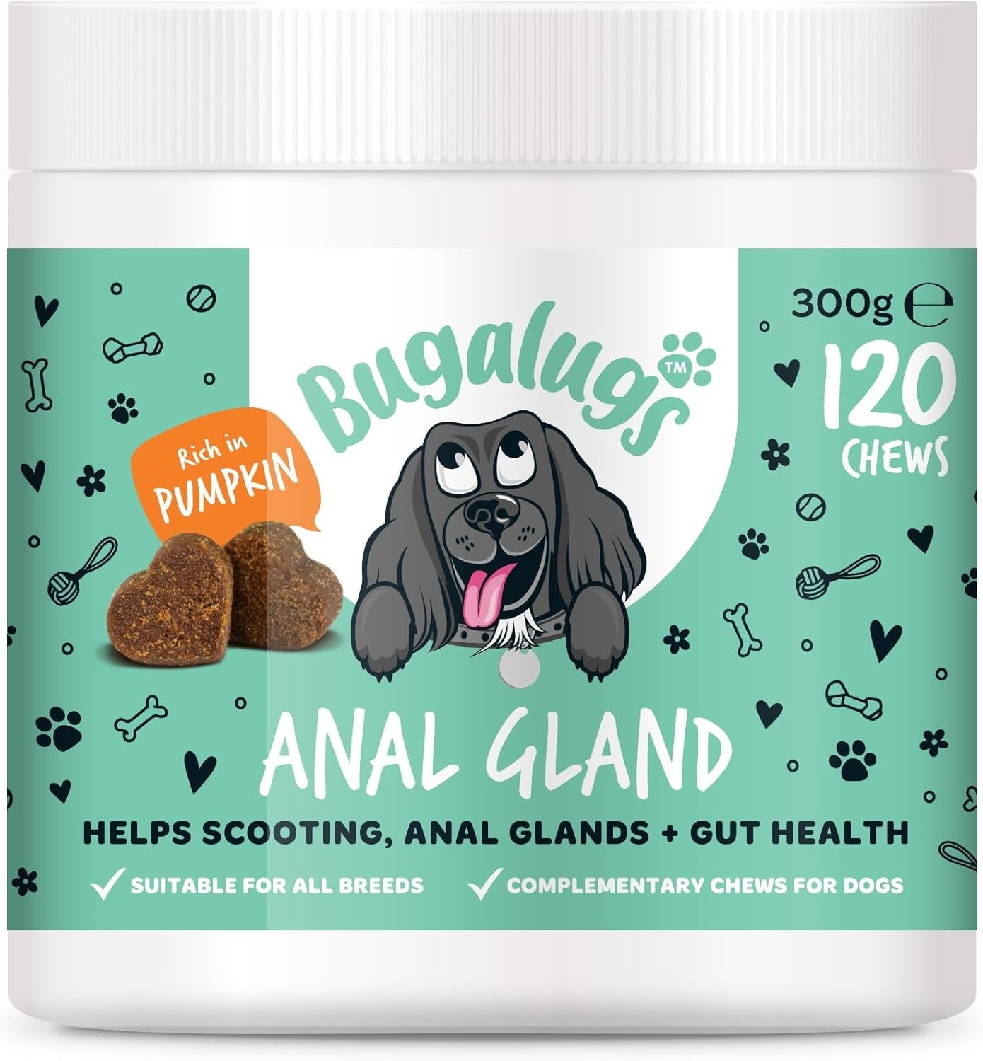 Bugalugs Anal Gland Dog Chews Treats Probiotics Scooting + Gut Health -120 chews