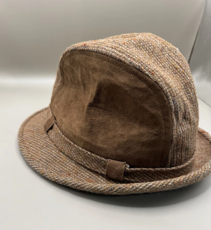 Vintage Stetson Fedora Hat Brown Tweed Wool Suede Panel Satin Lined Size 7.5 USA - Image 2 of 4