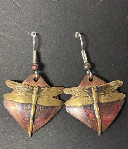 Orecchino goccia libellula tondo vintage ottone e rame? Metalli e smalti? 1-3/4" - Foto 1 di 3