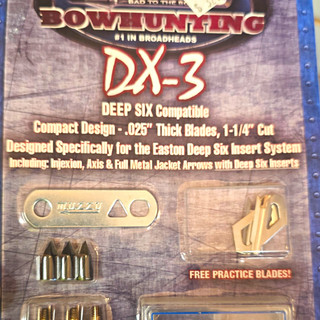 3pks Muzzy DX 3 Deep Six Broadhead 100 Grain Silver 1 1/4" Cut .025" Blades