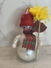 Christmas Snowman Figurine/Ornament  Red Hat, Plaid Scarf  Glittered Glass Body