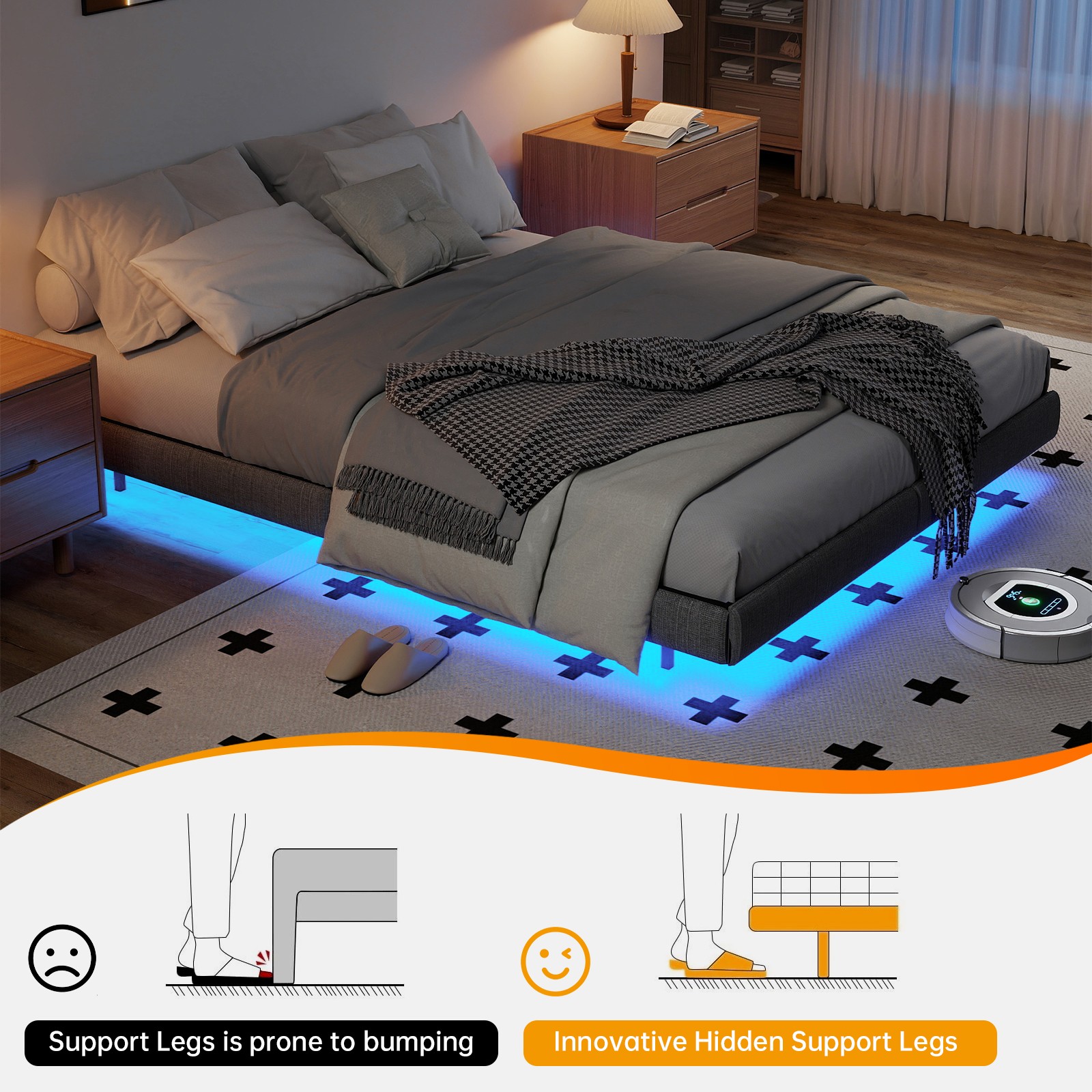 RELAX4LIFE Double/King Size Platform Bed Frame with LED Lights, 4 Rolling Drawers, Charging Station, 4FT6/5FT Slatted Support Bed Base, Industrial Metal, No Box Spring Needed (220 x 157 x 102cm) 6 Double/King Size Floating Bed Frame with LED Light,Upholstered Platform Bed