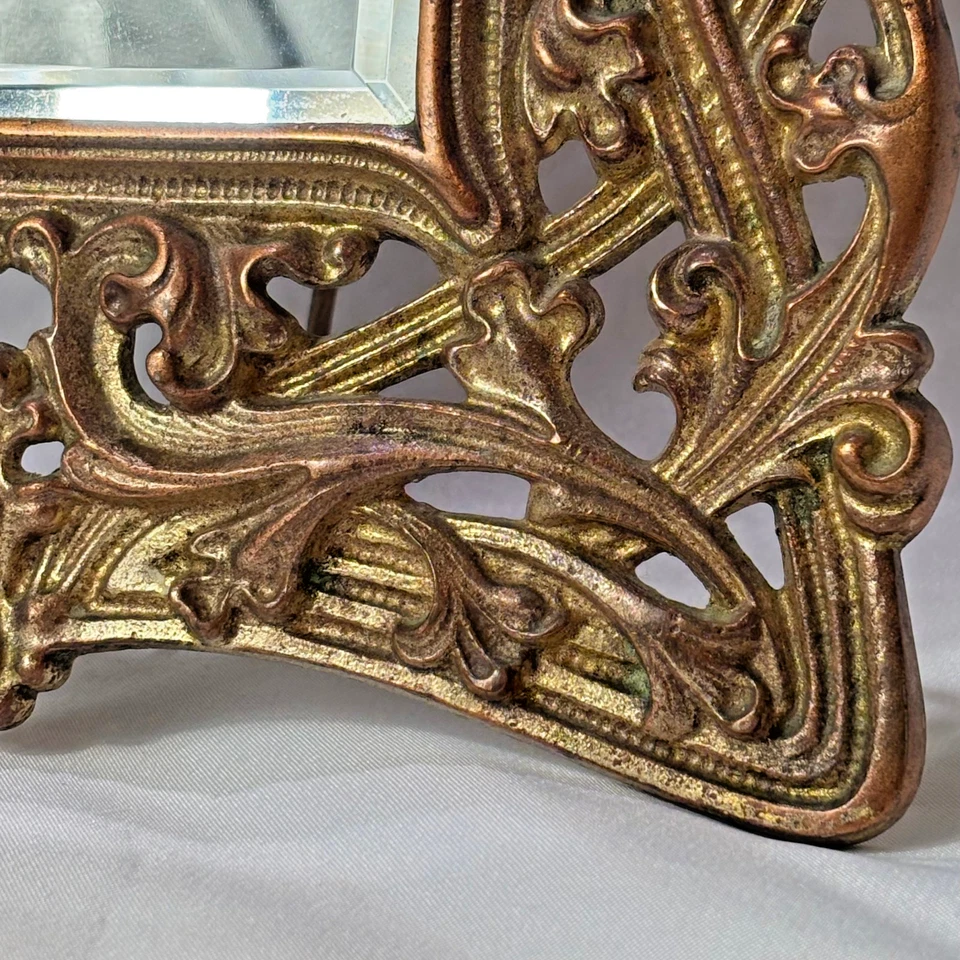 Antique Brass Frame Rococo Style Mirror Table Top Bevel Edge Easel Back - Image 4 of 4