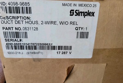 Simplex 4098-9685 2-Wire Duct Detector Fire Alarm. New In Sealed Factory Box 