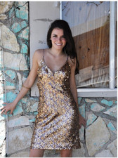 NWT Pearl Southern Couture Houstonian Dress Gold Stretch Sequin Spaghetti  8