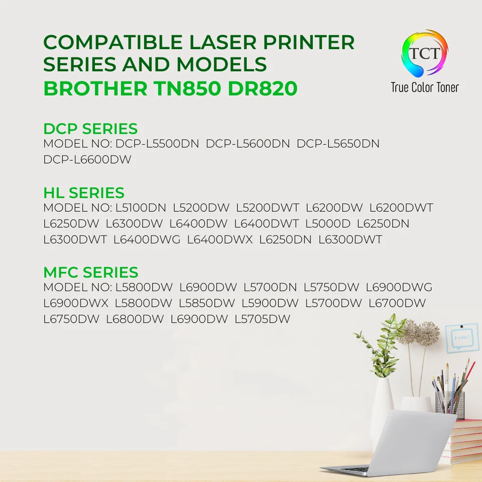 3Pk TCT Compatible TN850 & DR820 For Brother DCP-L5500DN MFC-5700DW Drum & Toner - image 2 of 4