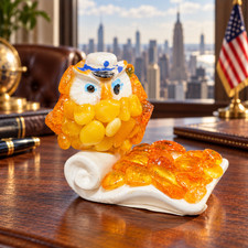 Made in USA Natural Baltic Amber Mini Owl in a White Hat on a Curled Scroll, 4