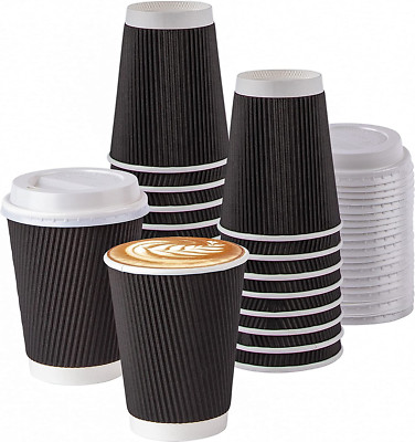 Insulated Disposable Coffee Cups with Lids [50 Sets] 12 Oz Corrugated Ripple to 