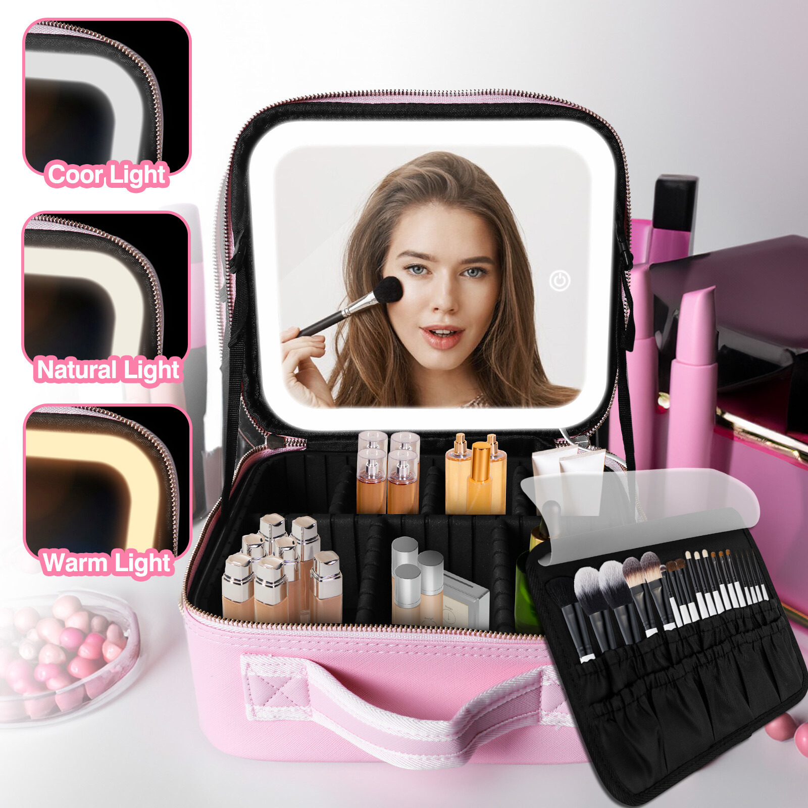 Makeup Bag with LED Mirror Vanity Case Beauty Box Make up Travel