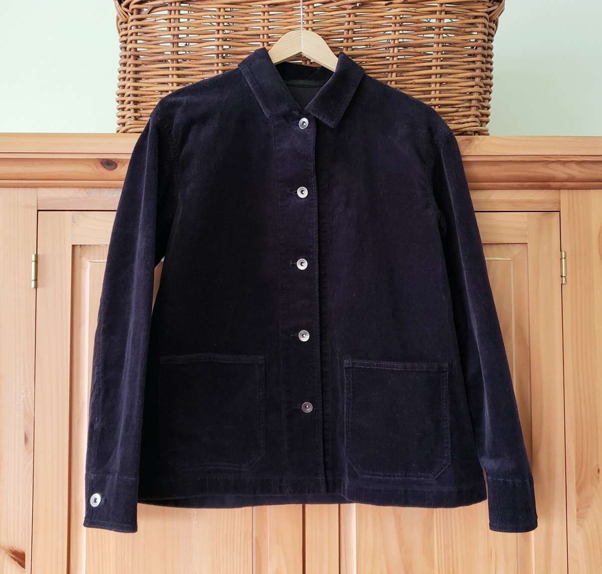 NWOT Uniqlo Corduroy Womens Navy Blue Long Sleeve Pocket Shirt 