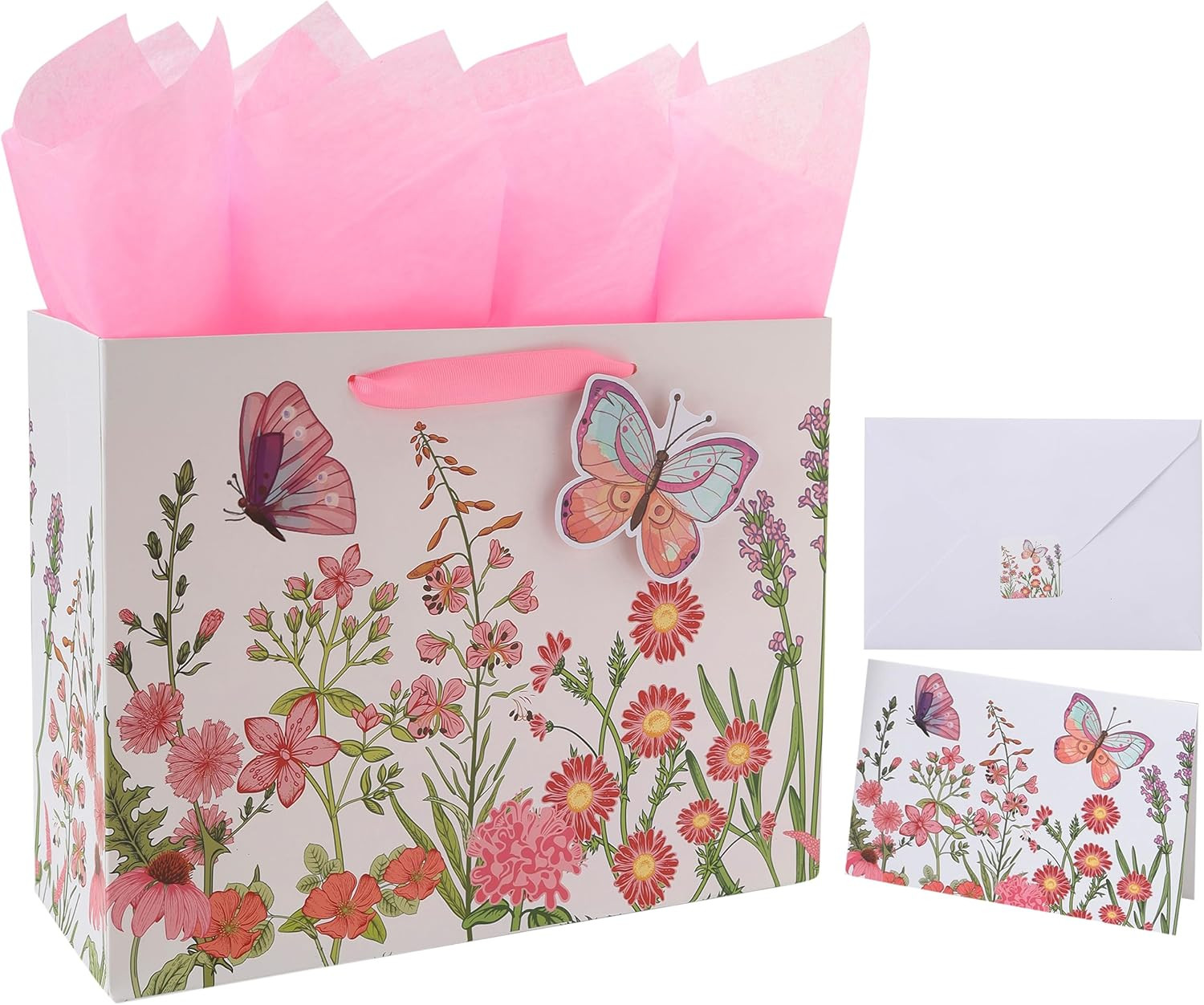 13" Large Pink Gift Bag Set with Greeting Card and Tissue Papers (3D Butterfly a