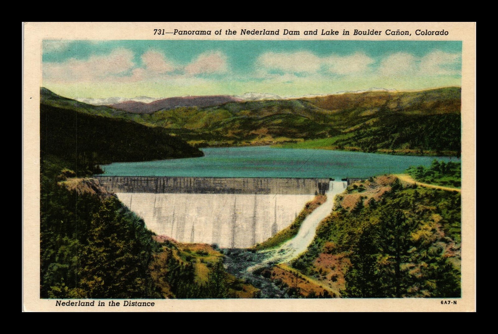 DR JIM STAMPS POSTCARD PANORAMA OF NEDERLAND DAM & LAKE BOULDER CANYON COLORADO