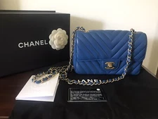 CHANEL Chevron Mini Coco  Chain Shoulder Bag Lambskin Blue Gold Metal
