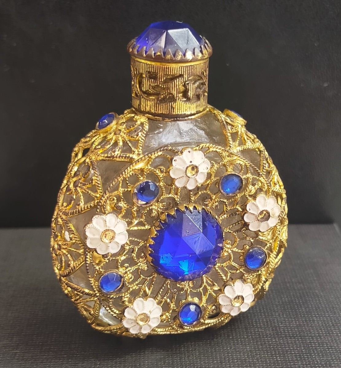 Vintage Czech Perfume Bottle Clear Glass Gold Tone Filigree Enamel Stopper