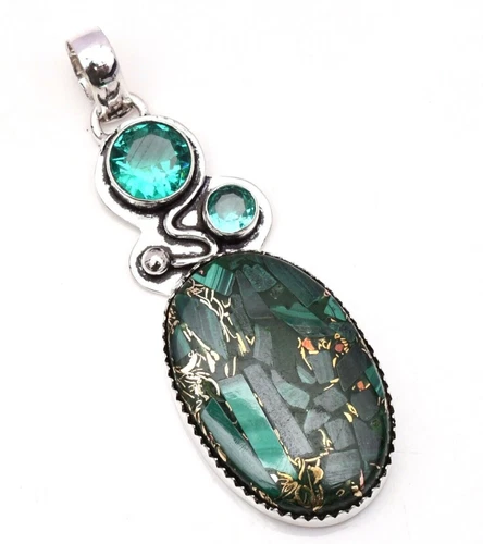 Copper Malachite Gemstone 925 Sterling Silver Handmade Jewelry Pendant 2.15" - product listing photo