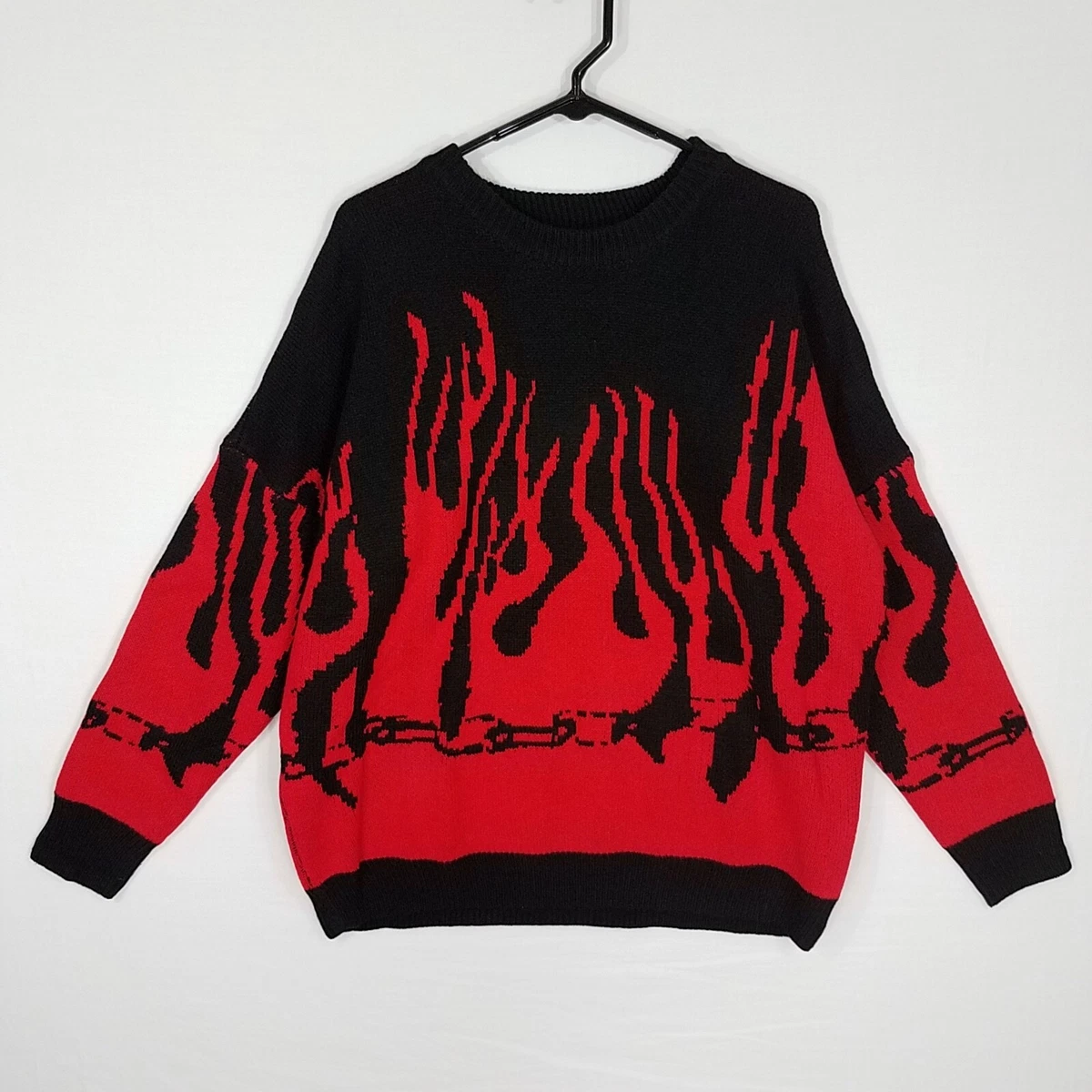 Flame Sweater Knit Men Unisex Fire Chains Long Sleeve Red Black Relaxed Goth Emo