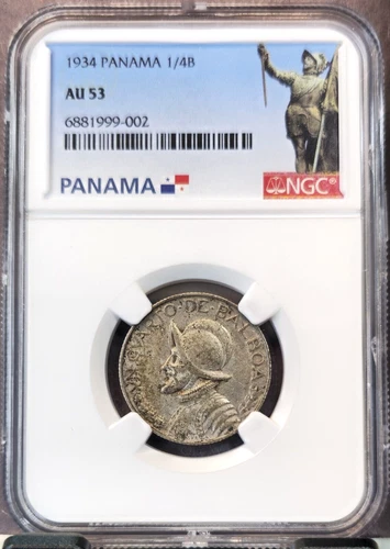 1934 PANAMA SILVER 1/4 BALBOA VASCO NUNEZ NGC AU 53 SCARCE KEY DATE COIN