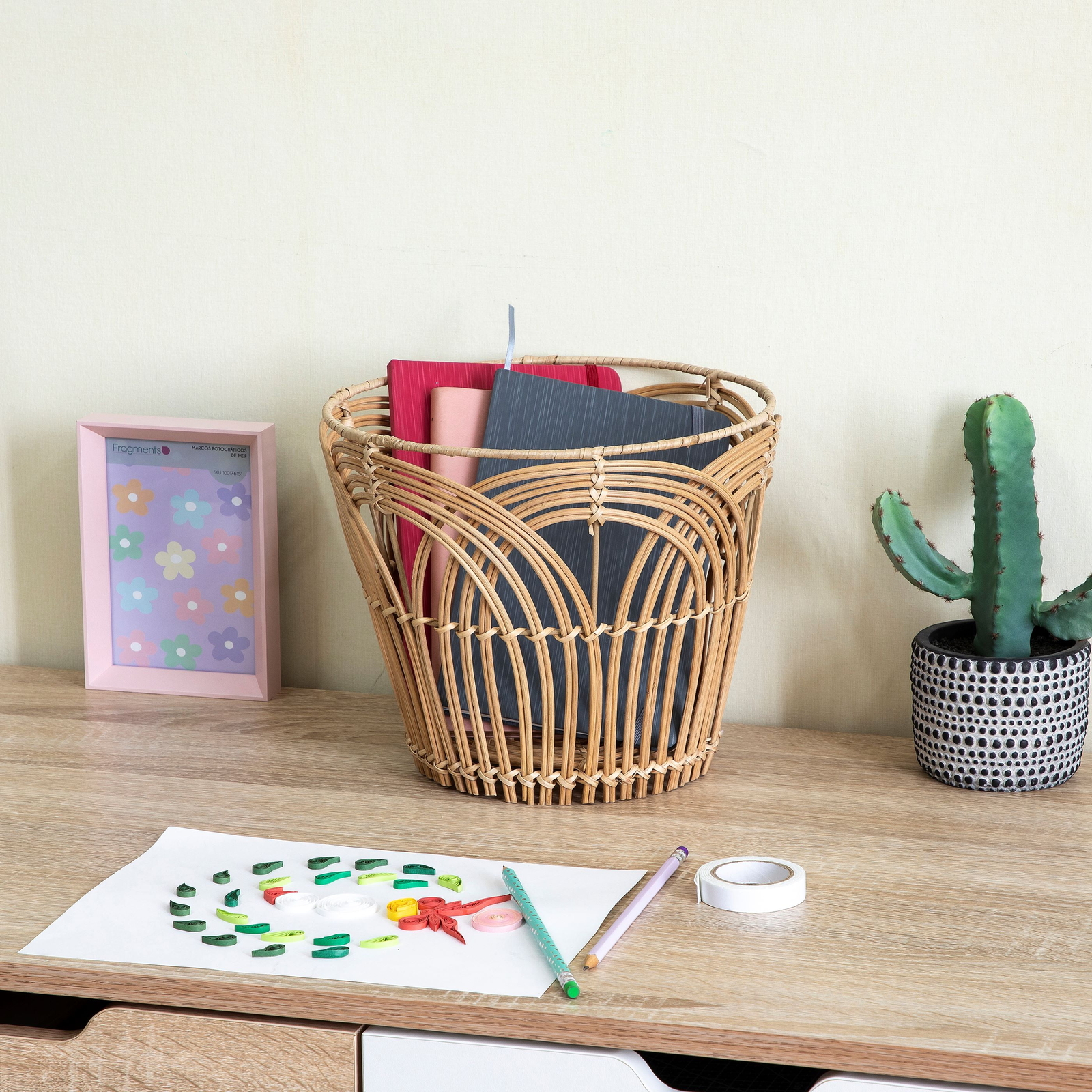 Handwoven Natural Rattan Basket with Modern Weave, Round