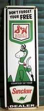 LARGE SINCLAIR GASOLINE S&H GREEN STAMPS 22” PORCELAIN GAS STATION SIGN DINO