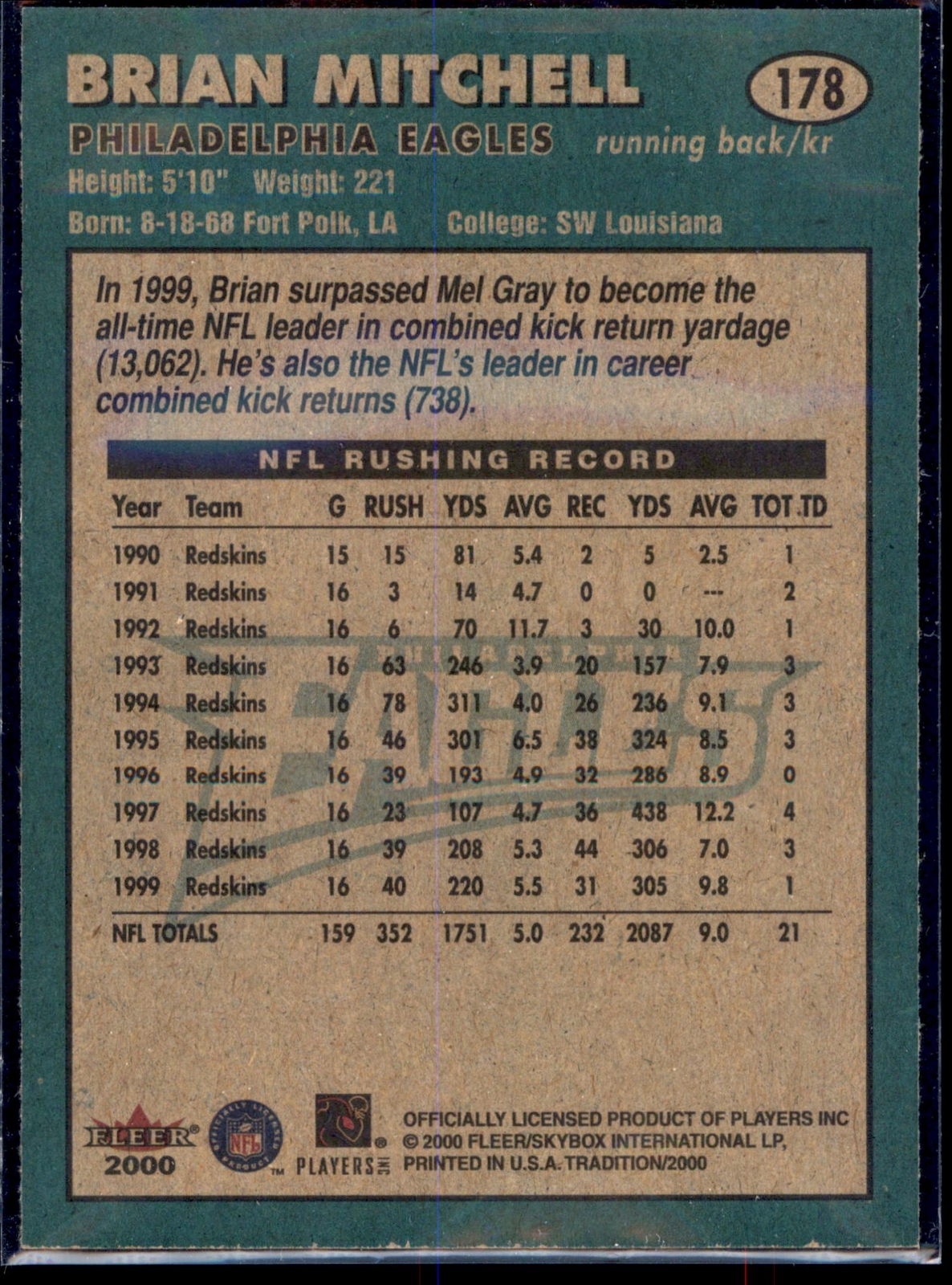 Brian Mitchell #178 2000 Fleer Tradition