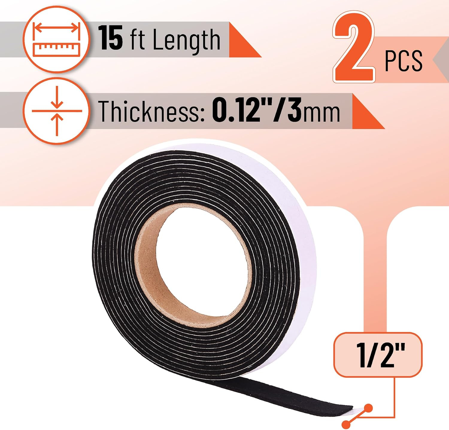 Smoker Gasket, 2 Pack, 15 Ft, 1/2" X 1/8", High Temp, Black