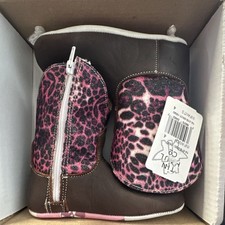 Tin Haul Mini Infant Bootie Brown Pink Glitter Cheetah Zip Leather Size 4