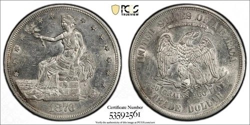 1876 S TRADE DOLLAR PCGS CHOICE AU 55 CRISP AND SPARKLING FROSTED SILVER MOTIFS