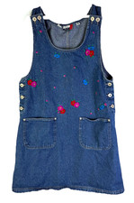 Vintage 90s Dress Womens Medium Floral Embroidered Denim Jumper Cottagecore