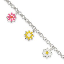 925 Sterling Silver Polished Multi-color Enamel Flowers Children's Bracelet 6"