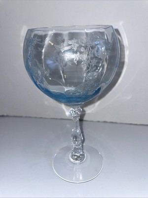 Fostoria Blue Navarre Etched Crystal Wine Magnum Goblet 7.25  CHIPPED