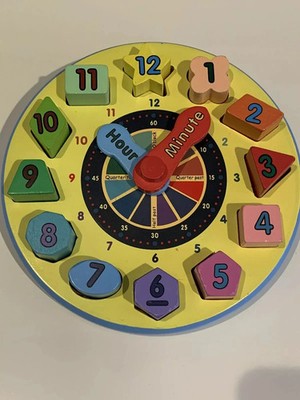 EUC Melissa & Doug Wooden Shape Sorting Clock Puzzle Teach Time, Shapes, Colors!