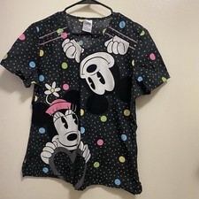 Disney Womens Scrubs Scrub Top Shirt L Large 42  Mickey  Minnie Mouse Polka Dot